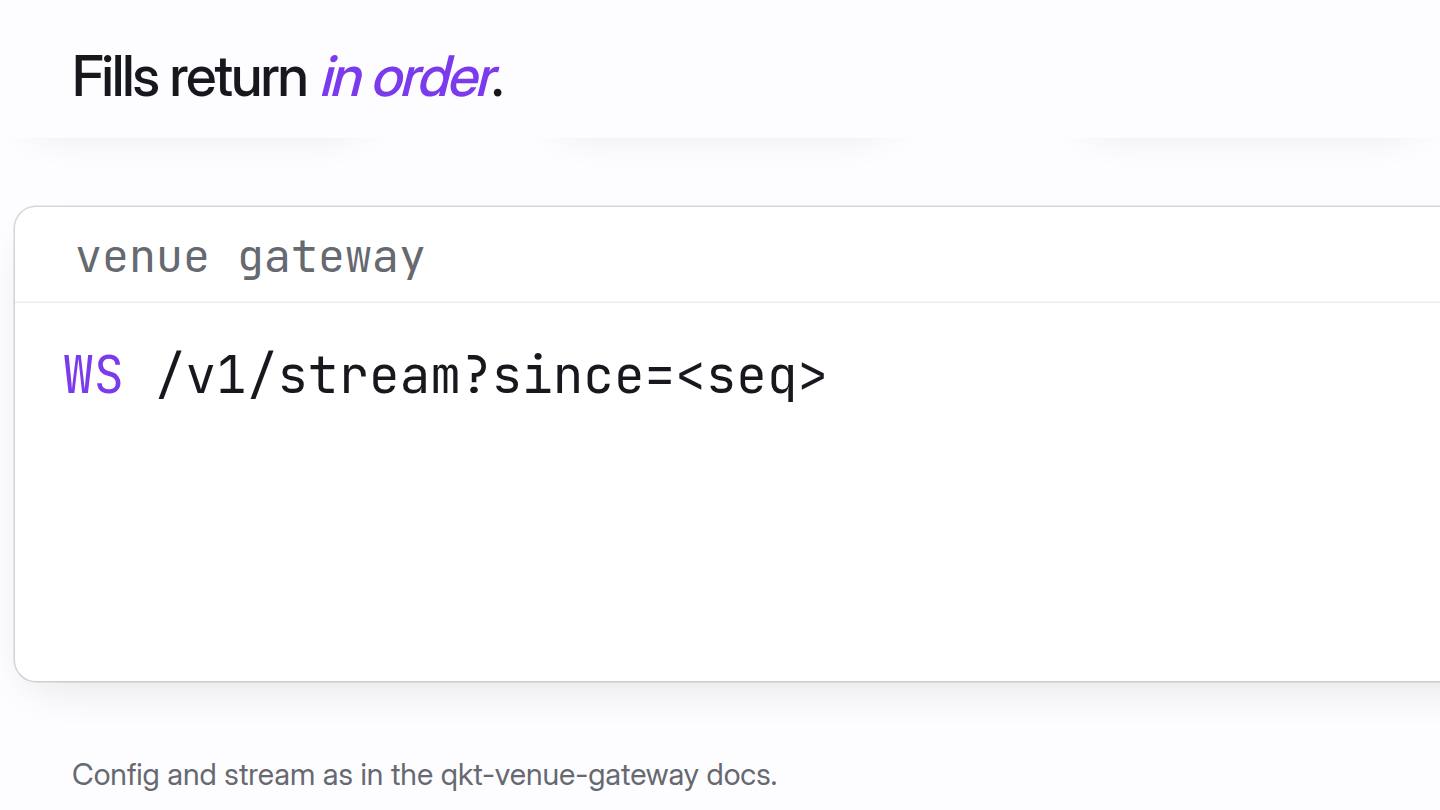 An order travels from qkt through the venue gateway to a venue, and the fill comes back with the kill switch held outside qkt.
